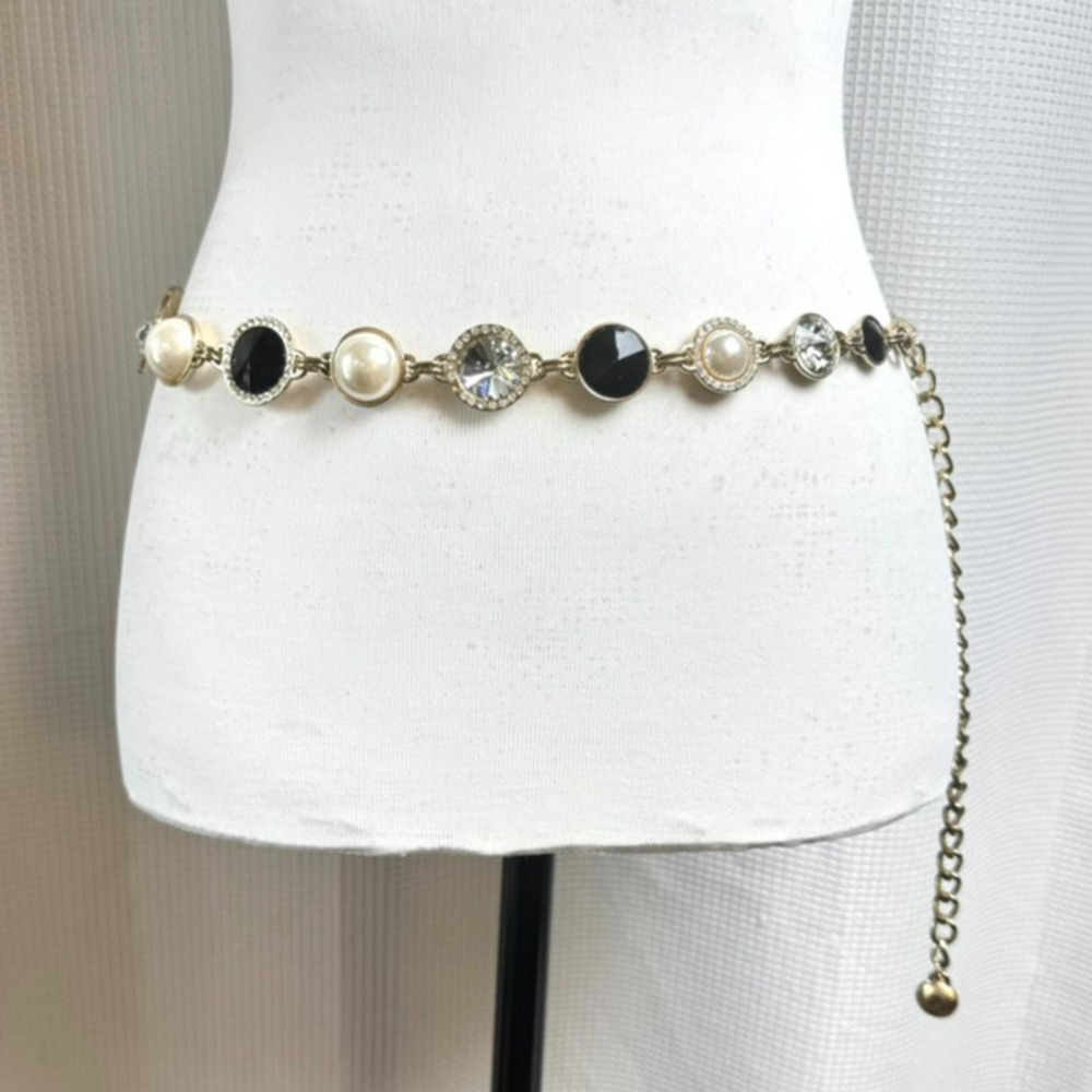Retro Chain Belt Faux Pearl Crystal Black Cabochon Silver Tone Y2K Western